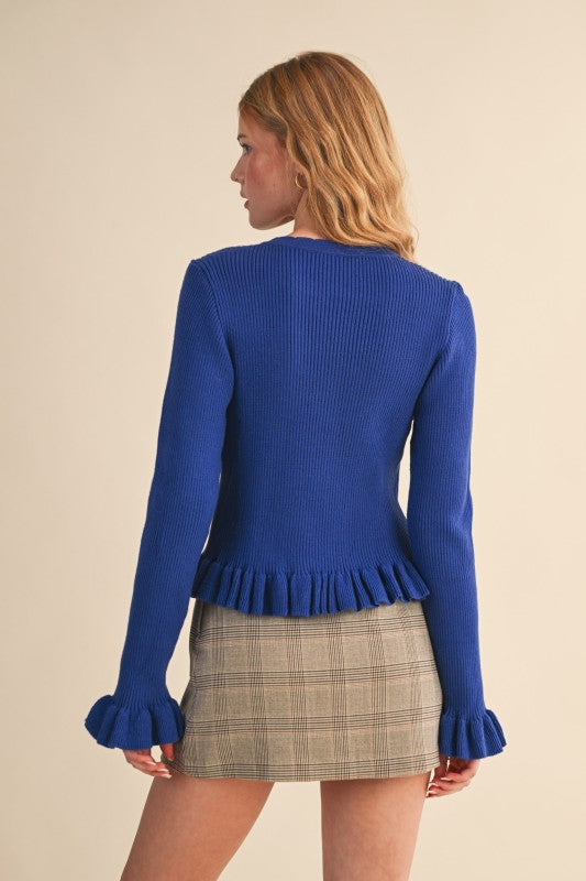 Royal Blue Ruffle Hem Ribbed Cardigan