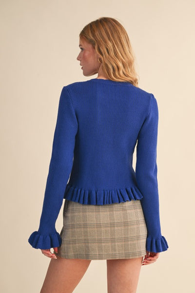 Royal Blue Ruffle Hem Ribbed Cardigan