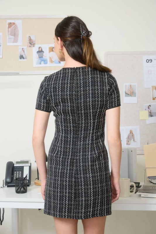 Black Plaid Tweed Velvet Bow Mini Dress