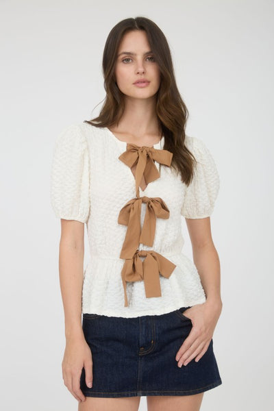 White Bow Puffer Knit Top