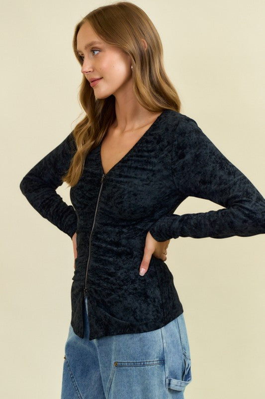 Black Ruched Zip-up Jacket