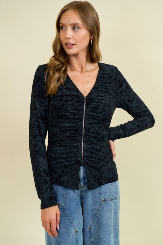 Black Ruched Zip-up Jacket
