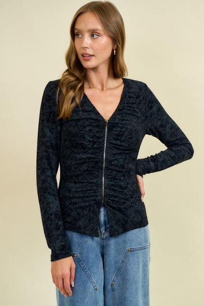Black Ruched Zip-up Jacket