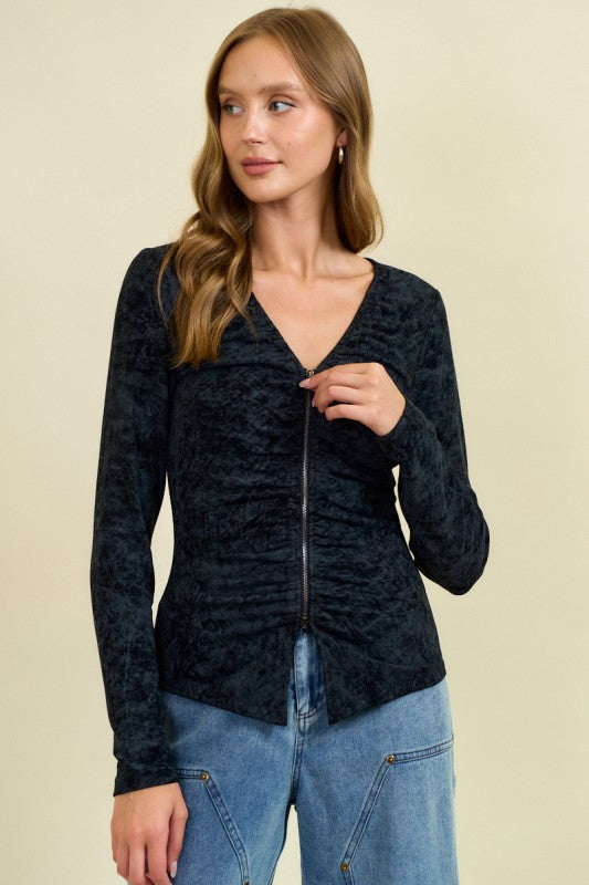 Black Ruched Zip-up Jacket
