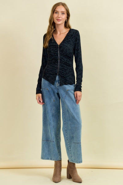 Black Ruched Zip-up Jacket