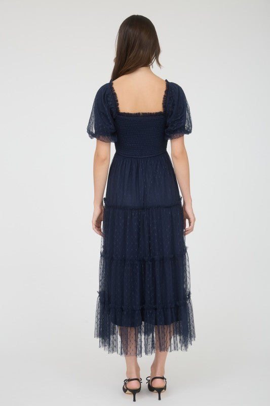 Navy Smocked Tiered Dress