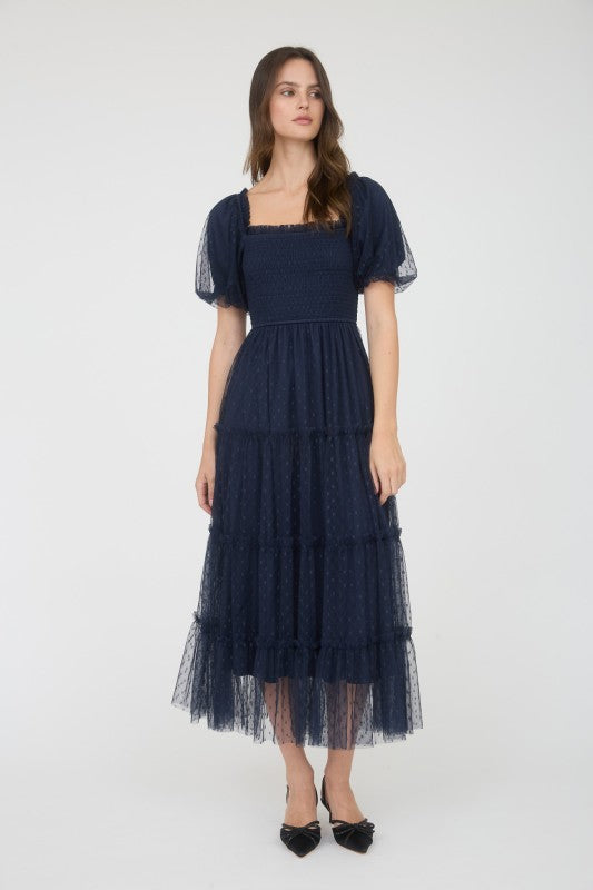 Navy Smocked Tiered Dress