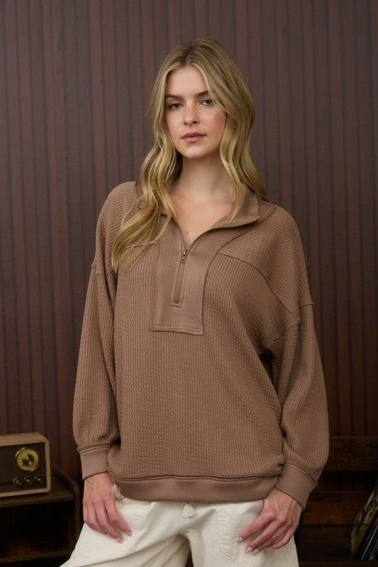 Mocha Half Zip Waffle Knit Top