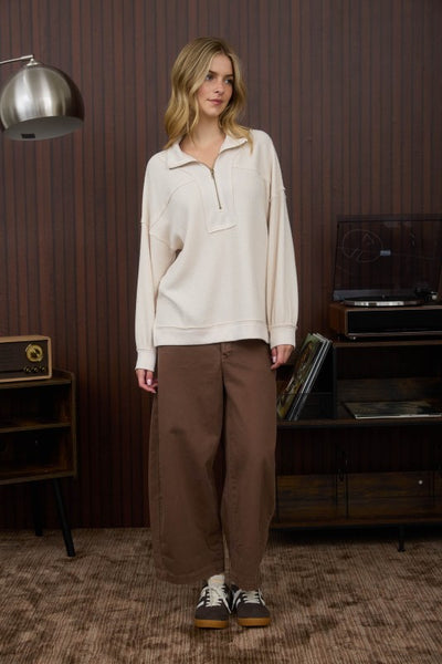 Cream Half Zip Waffle Knit Top