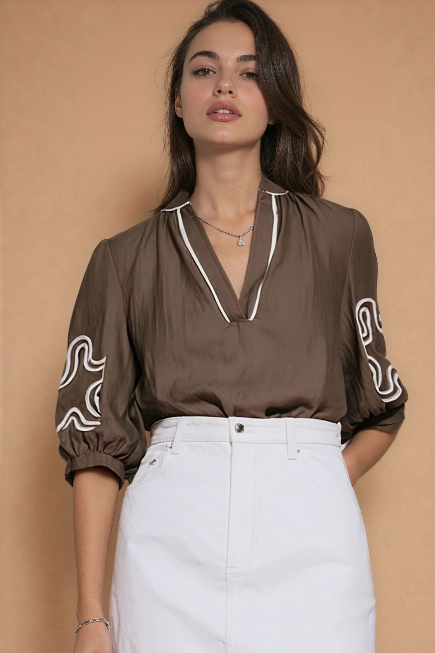 Chocolate Abstract Applique Blouse
