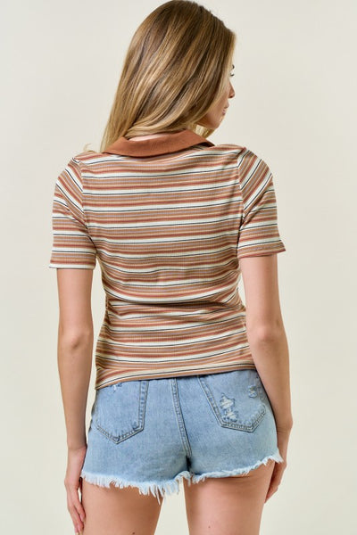 Camel Striped Polo Knit Top