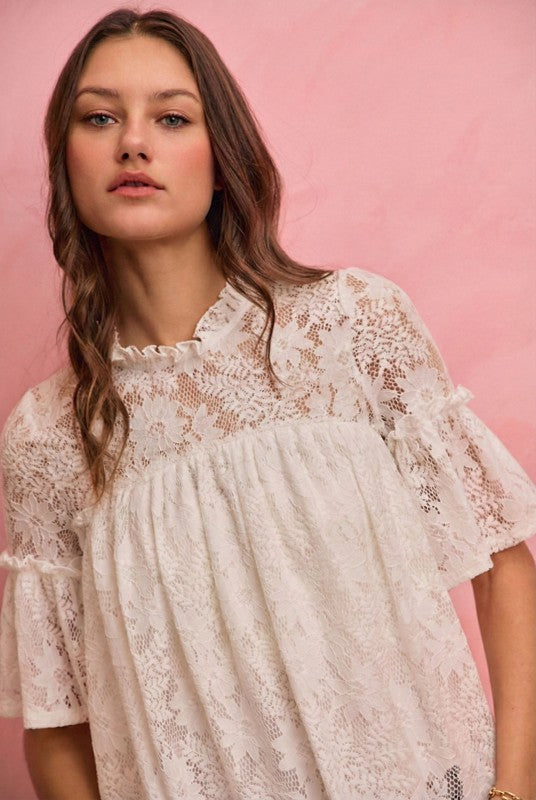 White Lace Ruffled Short Sleeve Top