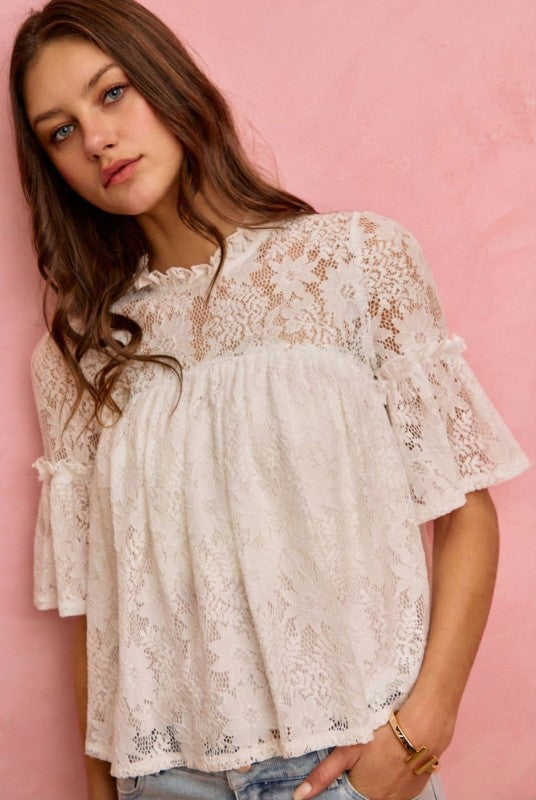 White Lace Ruffled Short Sleeve Top