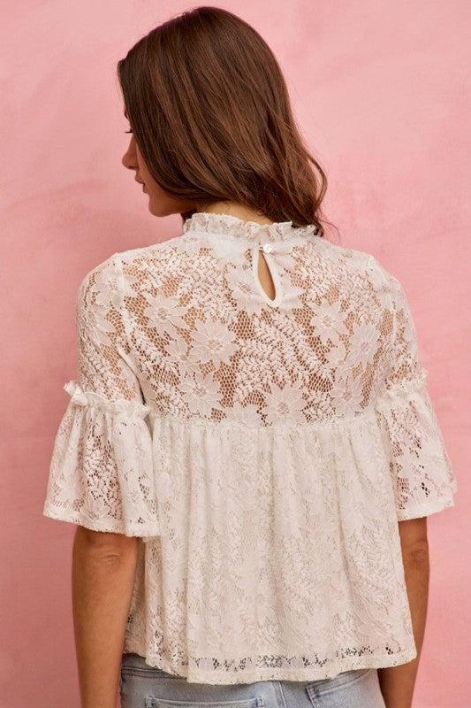 White Lace Ruffled Short Sleeve Top