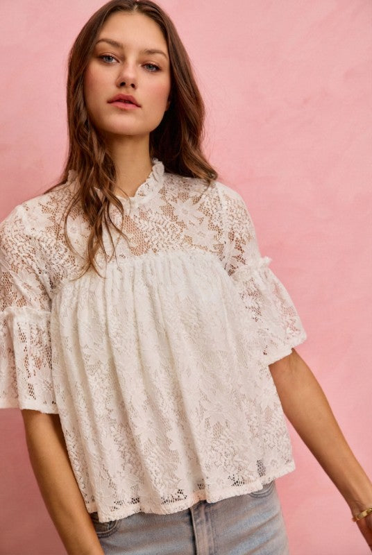 White Lace Ruffled Short Sleeve Top
