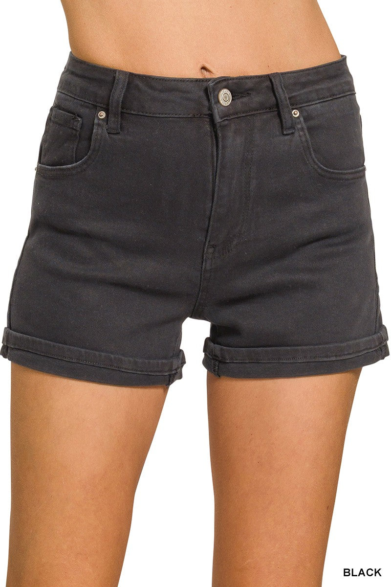Black 5 Pocket Cuffed Shorts