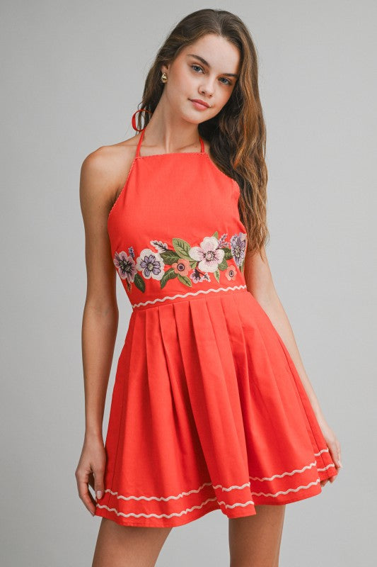 Red Embroidered Floral Halter Mini Dress