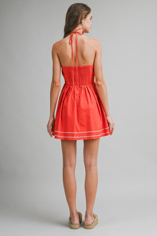 Red Embroidered Floral Halter Mini Dress