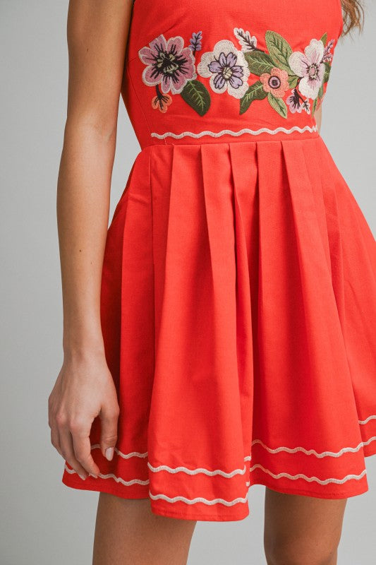 Red Embroidered Floral Halter Mini Dress