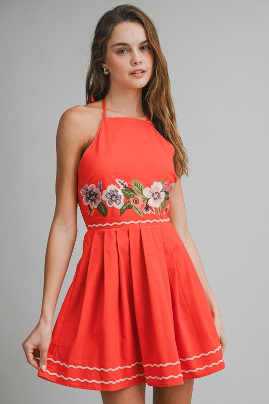 Red Embroidered Floral Halter Mini Dress