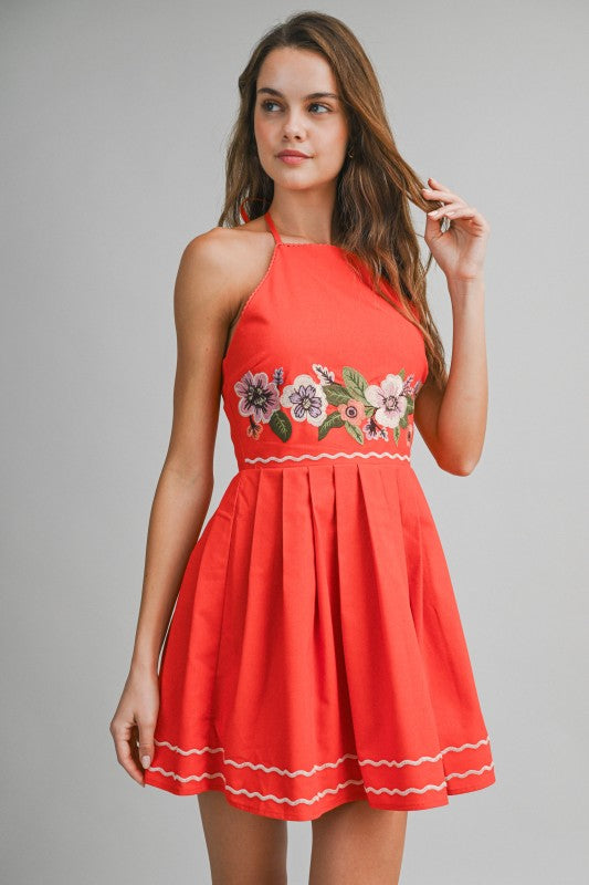Red Embroidered Floral Halter Mini Dress