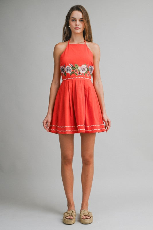 Red Embroidered Floral Halter Mini Dress