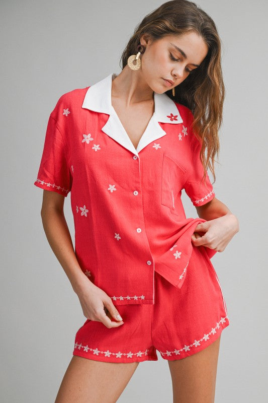 Red Floral Embroidered Shorts