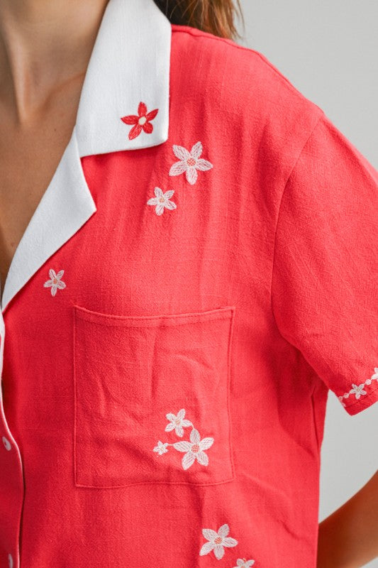 Red Floral Embroidered Button Up Shirt