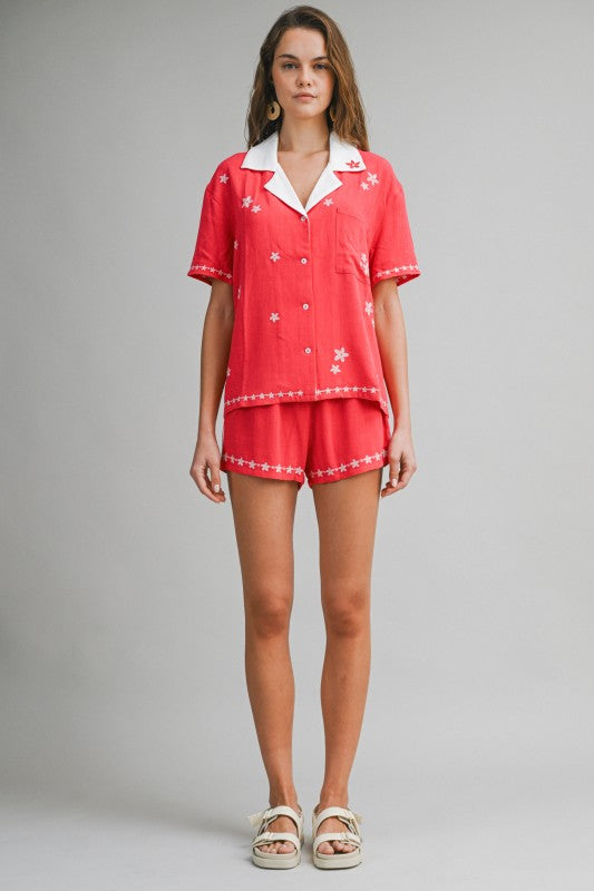 Red Floral Embroidered Shorts