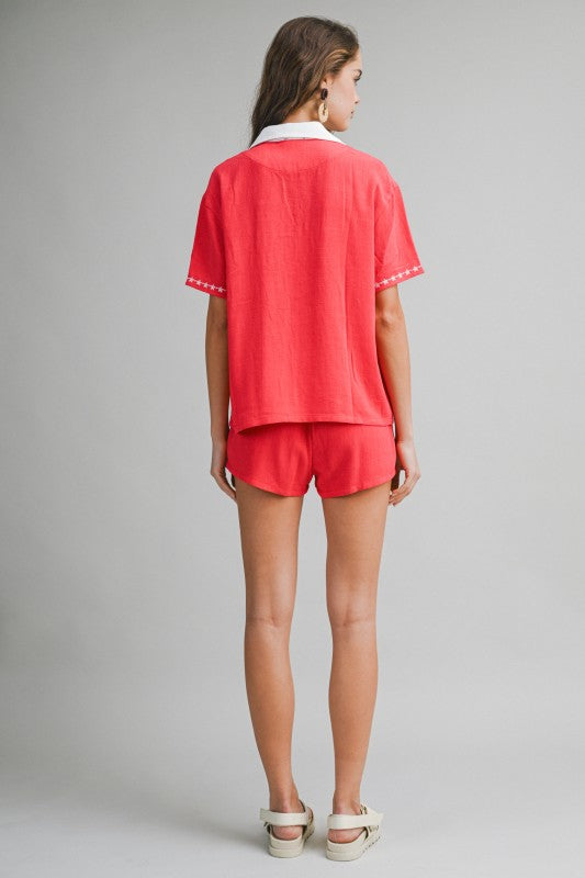 Red Floral Embroidered Shorts