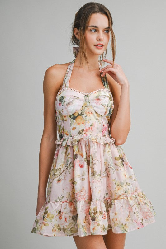 Peach Floral Halter Mini Dress