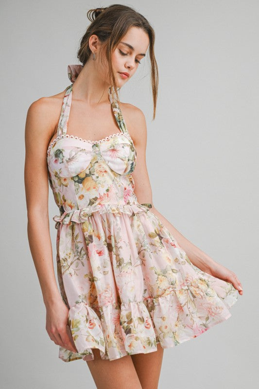 Peach Floral Halter Mini Dress
