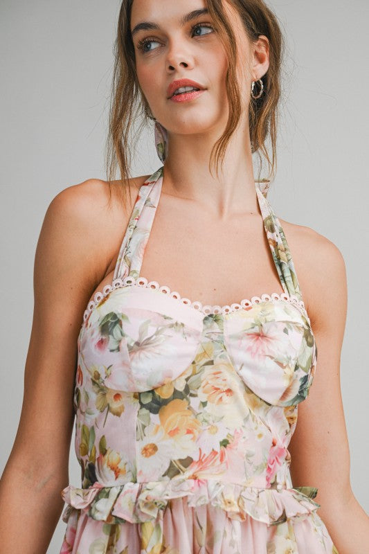 Peach Floral Halter Mini Dress