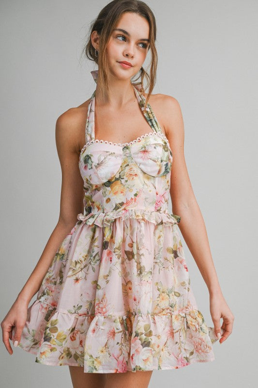 Peach Floral Halter Mini Dress