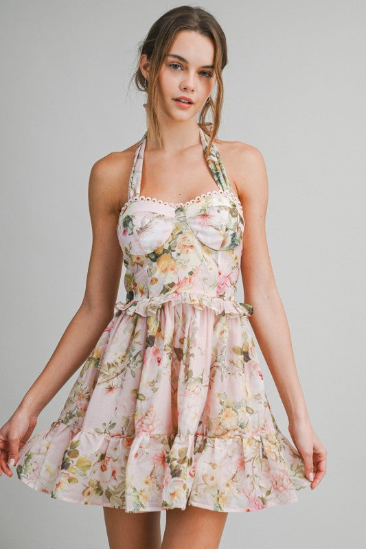 Peach Floral Halter Mini Dress