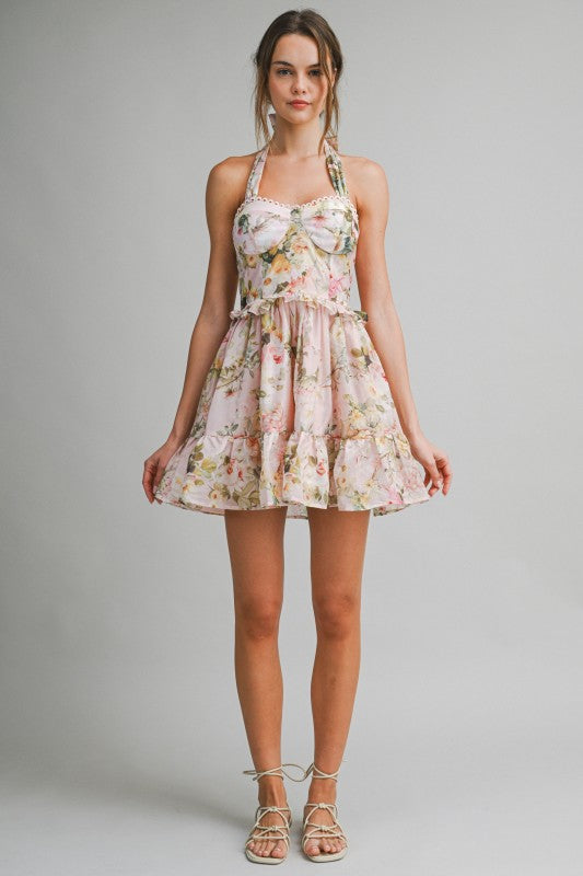 Peach Floral Halter Mini Dress
