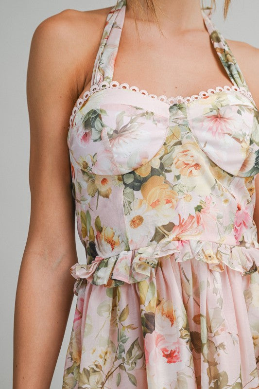 Peach Floral Halter Mini Dress