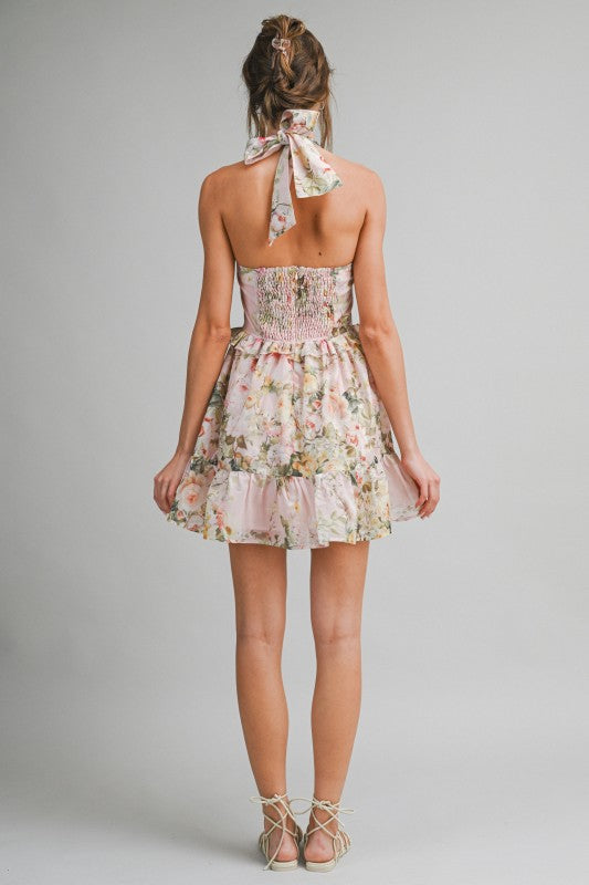 Peach Floral Halter Mini Dress