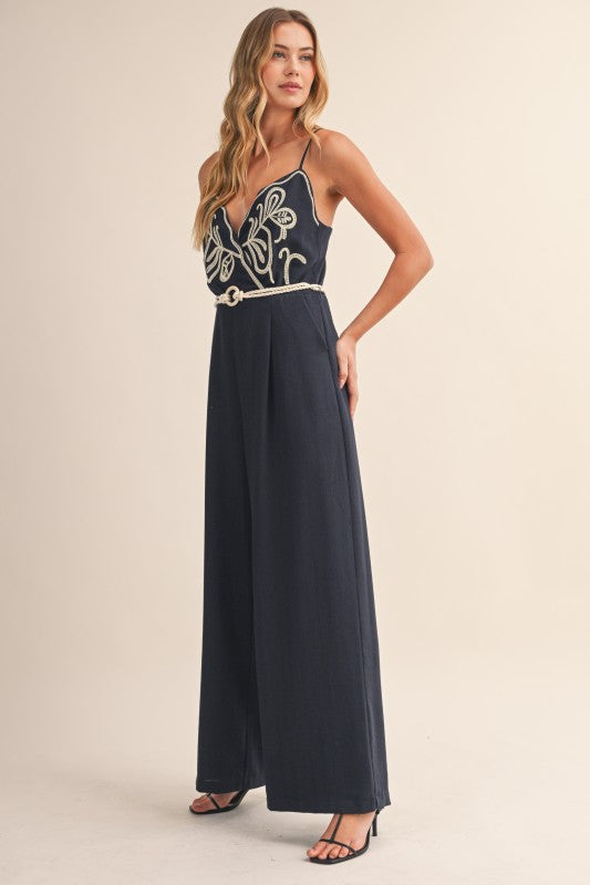 Navy Belted Linen Jumpsuit