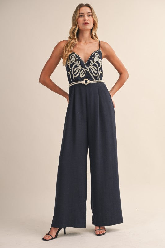 Navy Belted Linen Jumpsuit