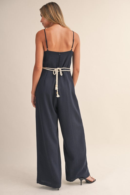 Navy Belted Linen Jumpsuit