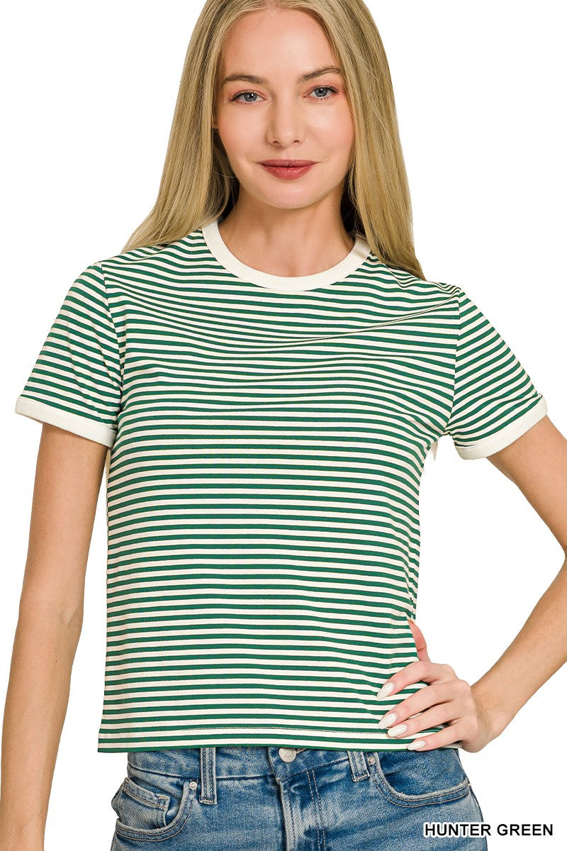 Dark Green Striped Banded Tee