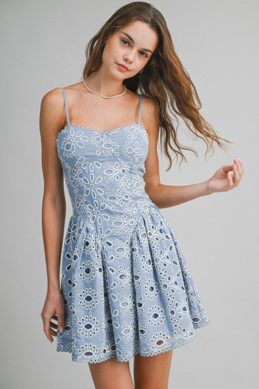 Blue Eyelet Lace Mini Dress