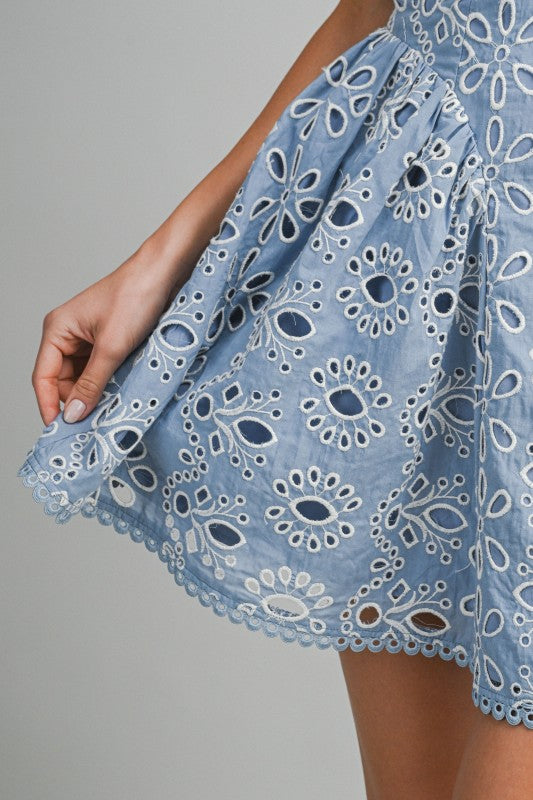 Blue Eyelet Lace Mini Dress