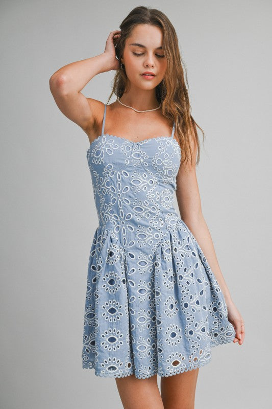 Blue Eyelet Lace Mini Dress