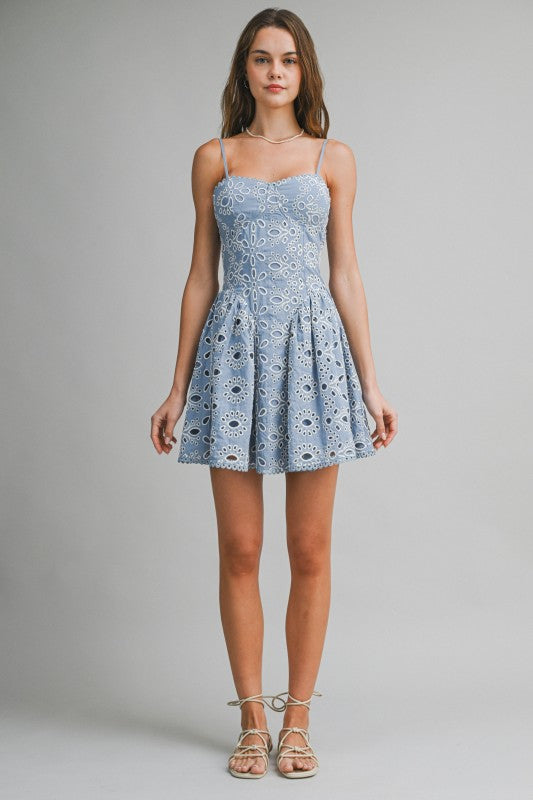 Blue Eyelet Lace Mini Dress