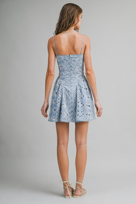 Blue Eyelet Lace Mini Dress