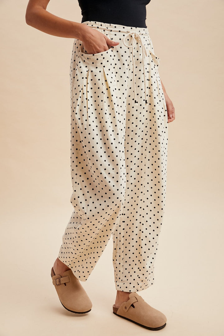 Cream Polka Dot Barrel Leg Pants