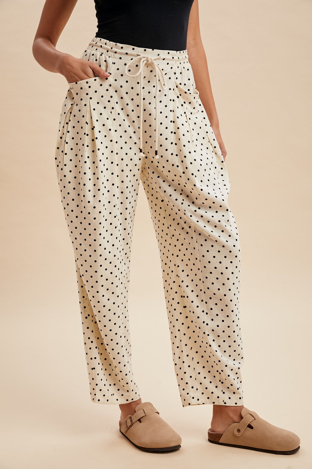 Cream Polka Dot Barrel Leg Pants