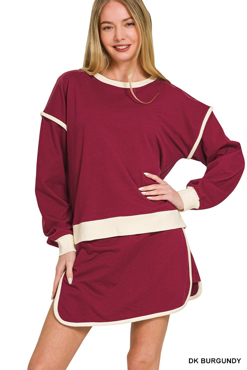 Burgundy French Terry Pullover & Skort Set